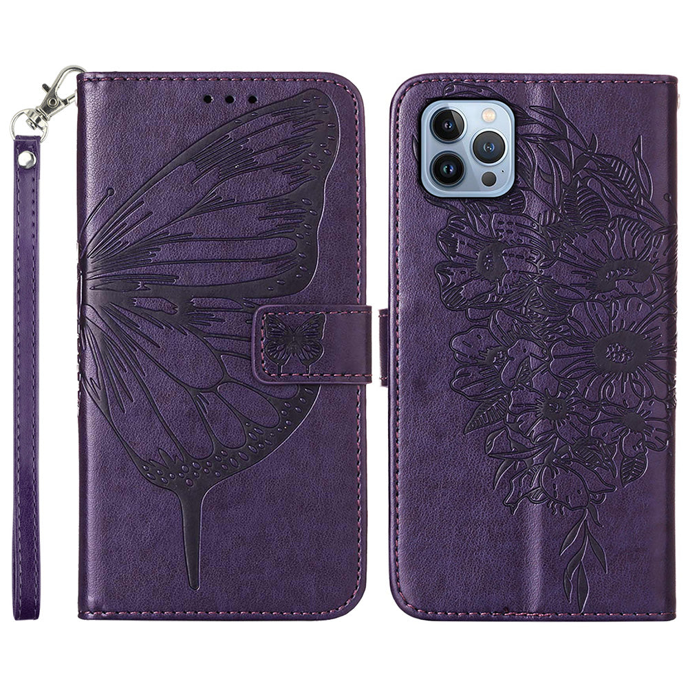 YB Imprinting Series-4 For iPhone 15 Pro Max Phone Leather Case Stand Wallet Butterfly Flower Imprinted Cover with Hand Strap - Purple YB Imprinting Series-4 For iPhone 15 Pro Max Phone Leather Case Stand Wallet Butterfly Flower Imprinted Cover with Hand Strap - Purple